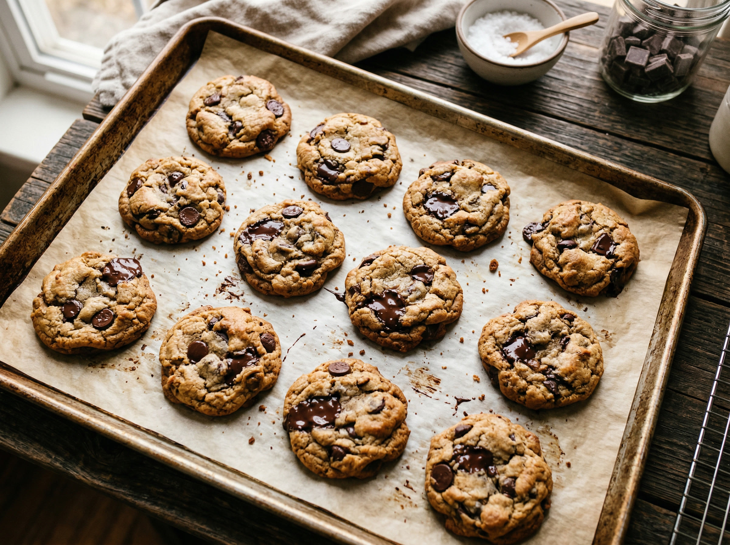 Rustic sourdough chocolate chip cookies on a baking sheet