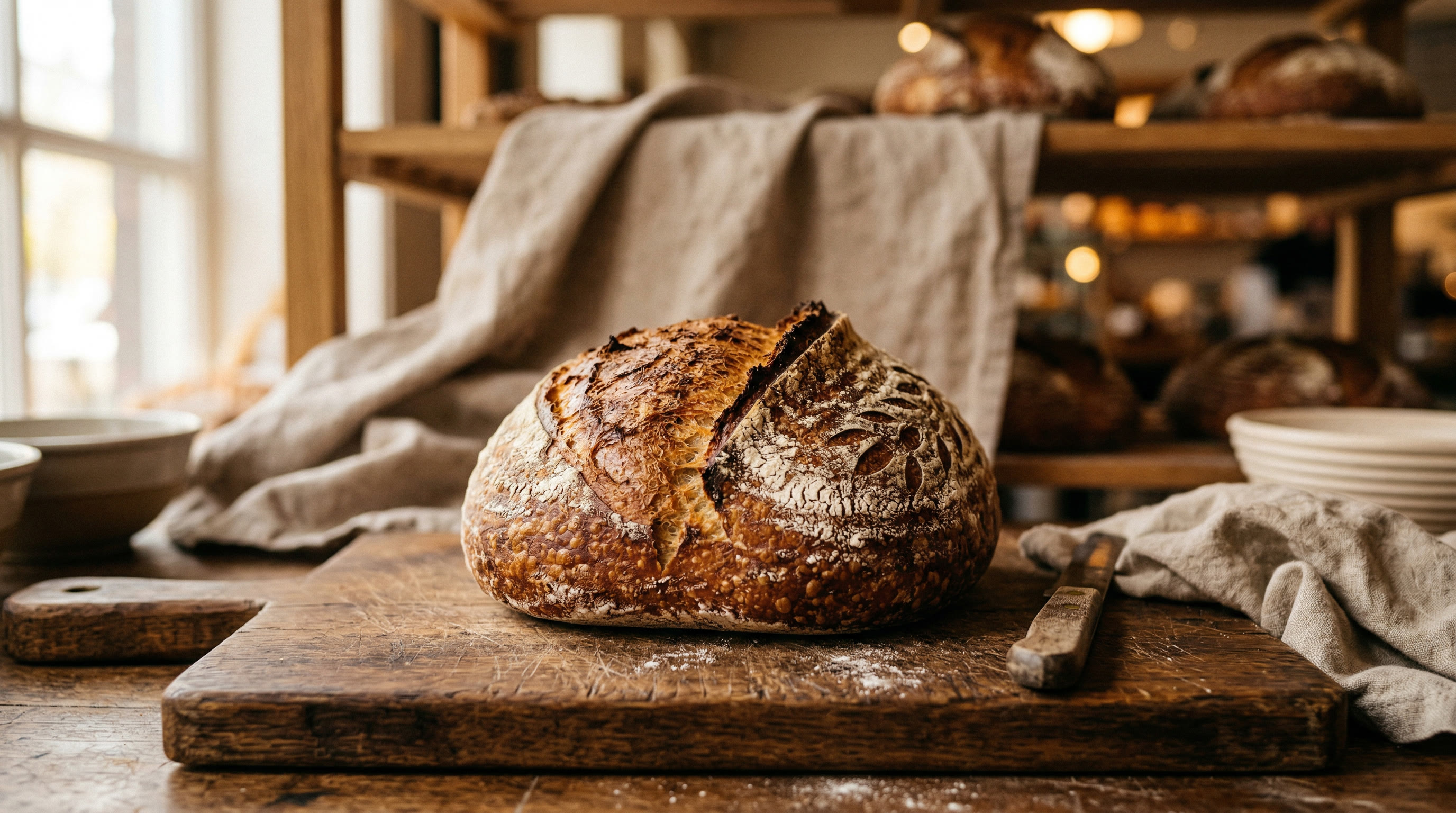 Beautiful artisan sourdough bread on a wooden cutting board with soft natural light