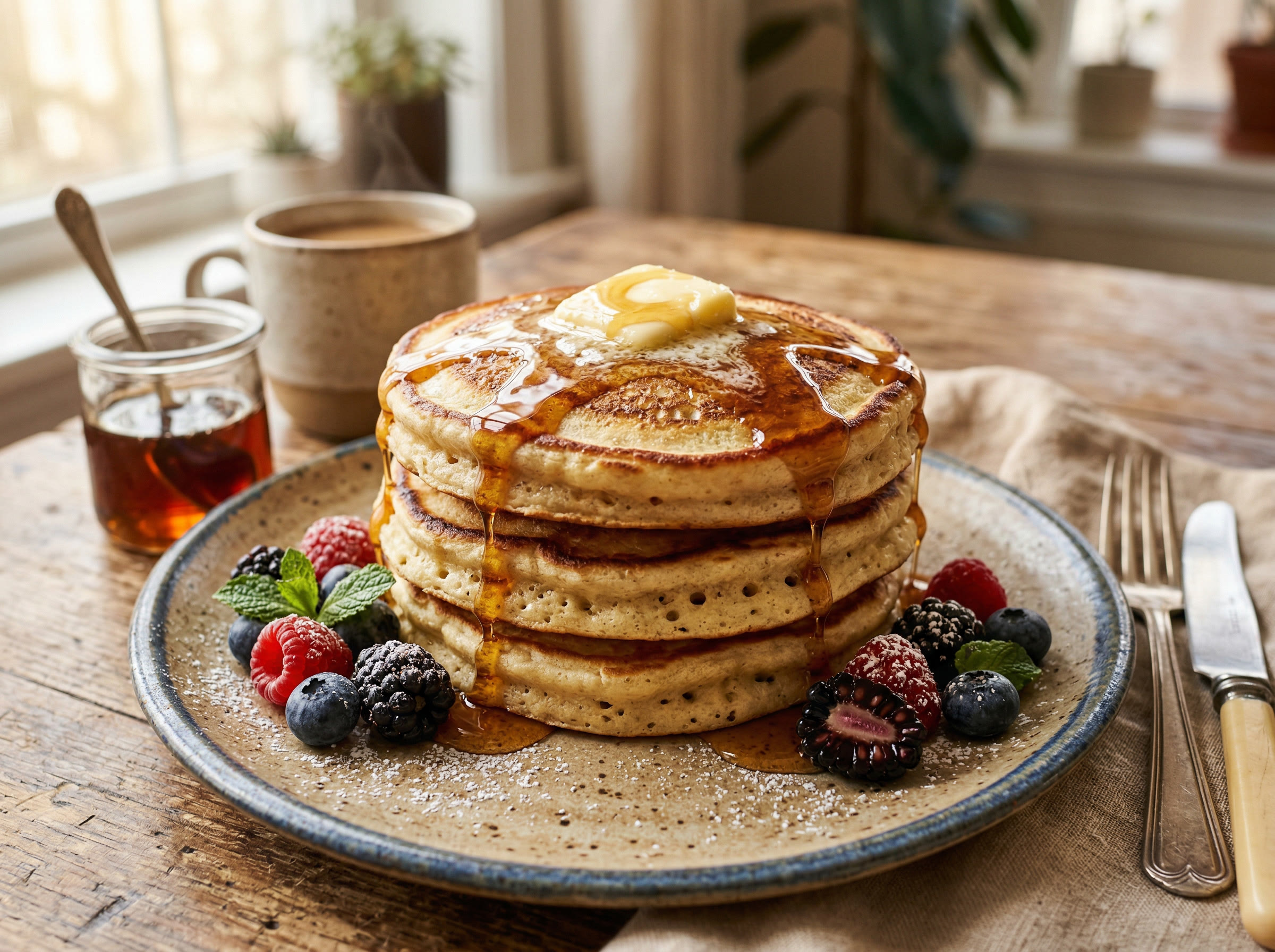 Stack of fluffy sourdough pancakes with butter and maple syrup