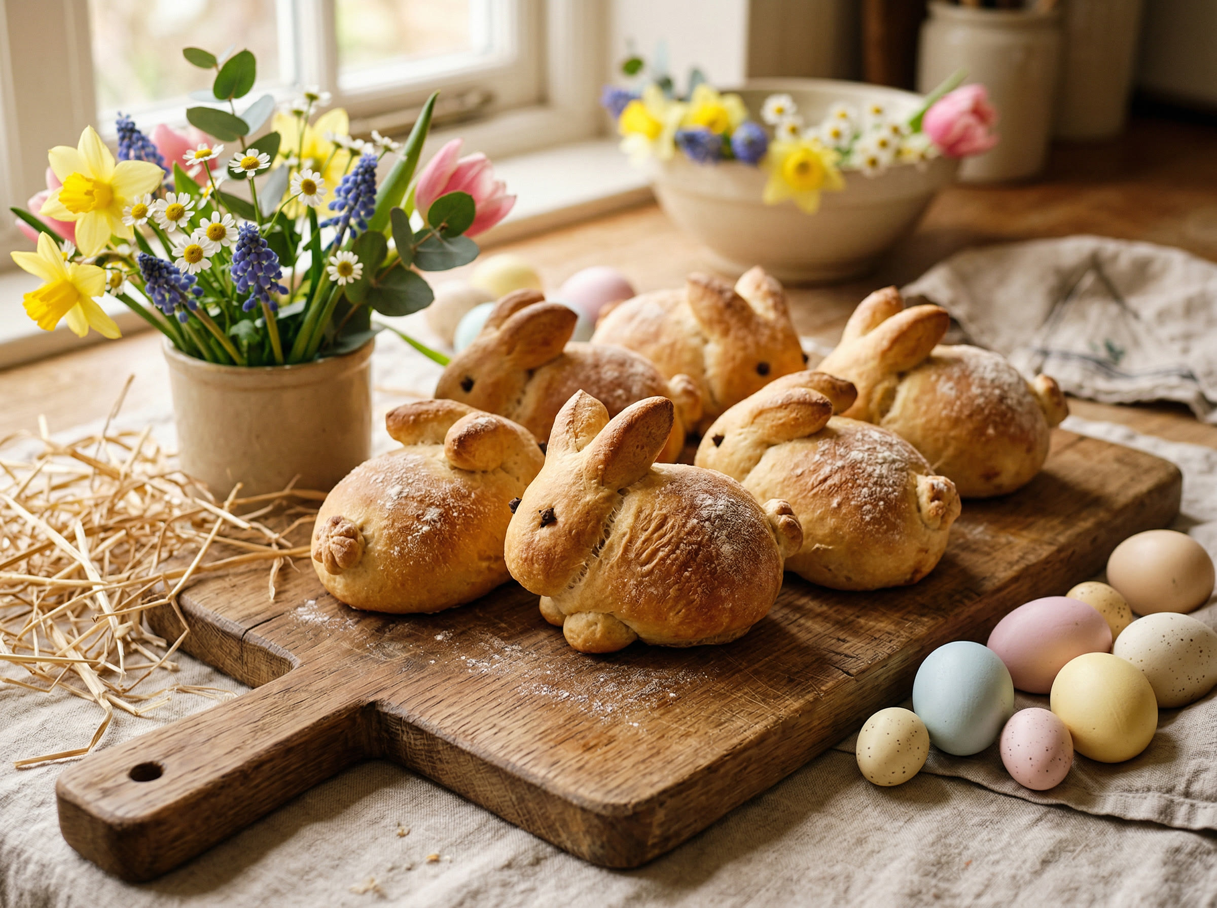Adorable bunny-shaped sourdough bread rolls with Easter decorations