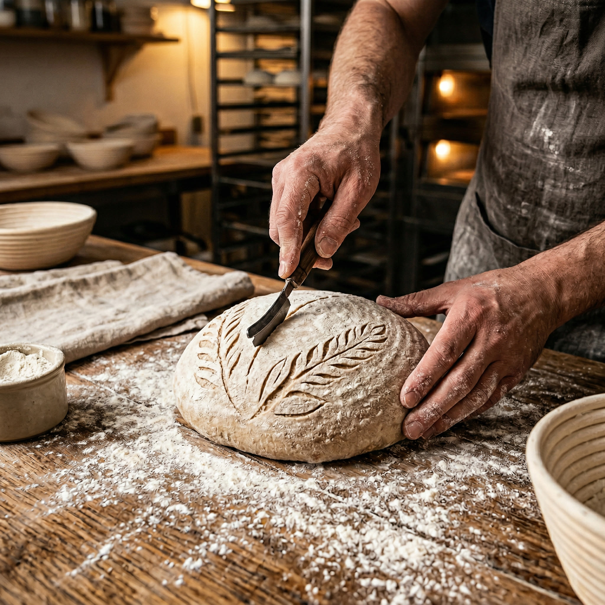 Hands scoring decorative pattern on sourdough bread dough