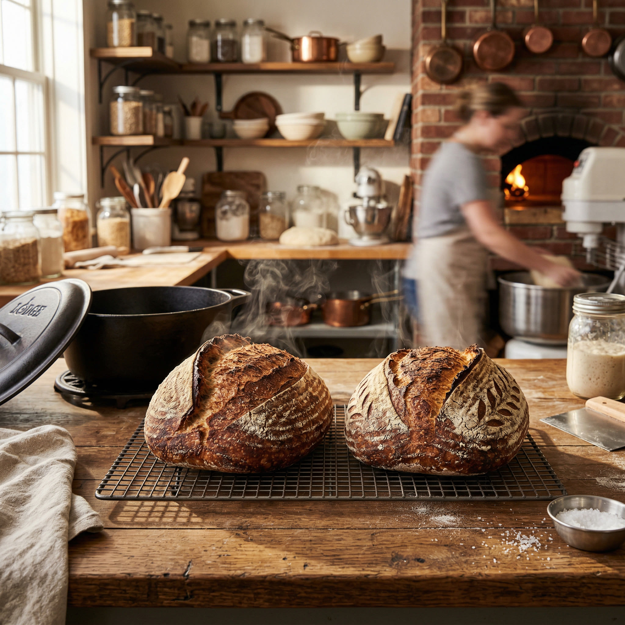 Freshly baked sourdough loaves cooling with steam rising